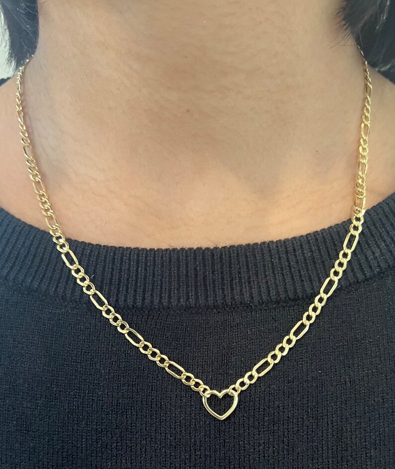 14K Real Yellow Gold Heart Figaro Bracelet 14K Real Yellow Gold Heart Figaro Necklace Dainty Lite Heart 7 Bracelet & 18 Necklace image 6