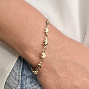 14K Yellow Gold Heart Link Chain Bracelet-Real 14K Gold Heart Chain 7&quot; Inch Dainty Bracelet-Polished&Satin Hollow Puffed Heart 5mm Bracelet