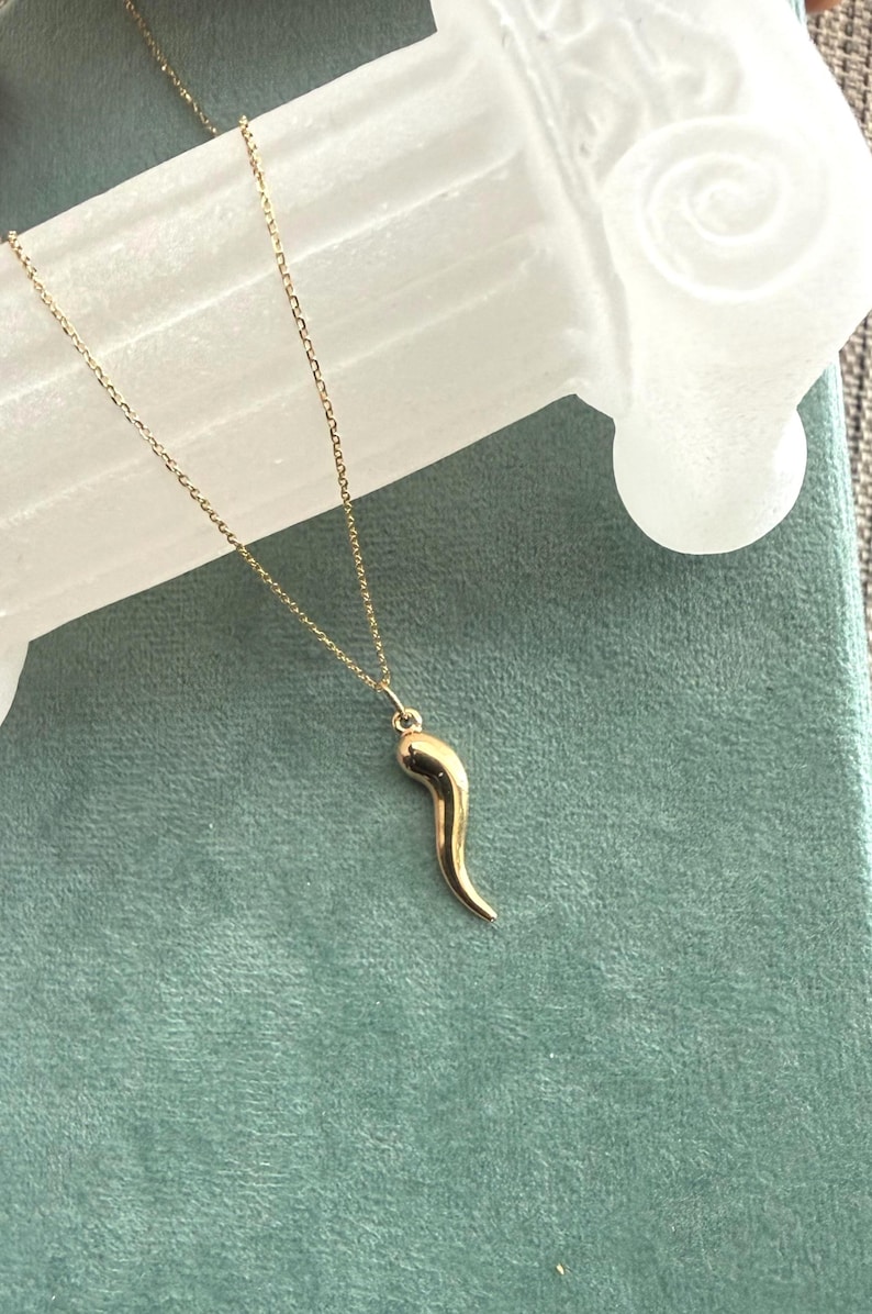 May include: A delicate gold chain necklace featuring a small, smooth, curved horn-shaped pendant. The pendant has a polished, reflective surface and hangs from a thin, fine-link gold chain, creating a simple and elegant piece of jewelry.