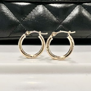 10K Real Gold Hoop Earrings: Dainty Etched Minimalist 15mm Hoops