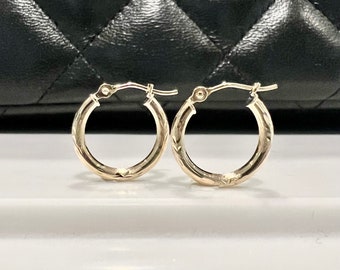 10K Gold Hoop Earrings for Women -10K Real Yellow Gold Round Small Hoop Earrings - Lightly Etched Minimalist Dainty 15mm Hoop Earring Gift
