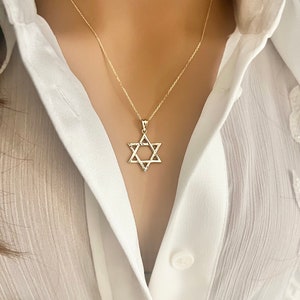 14K Real Gold Star of David Pendant: Lightly Etched Small 25mm Religious Necklace