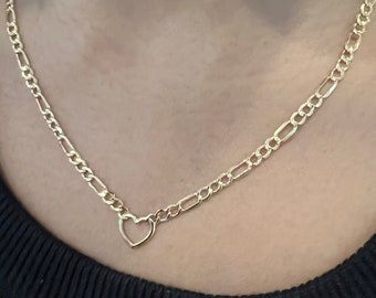 10K Real Yellow Gold Heart Figaro Necklace Dainty Lite 18" Link Chain Gift