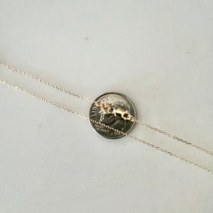 May include: Two gold chains laid out on a white surface, with a US quarter coin placed on top of the chains. The coin is dated 2021.