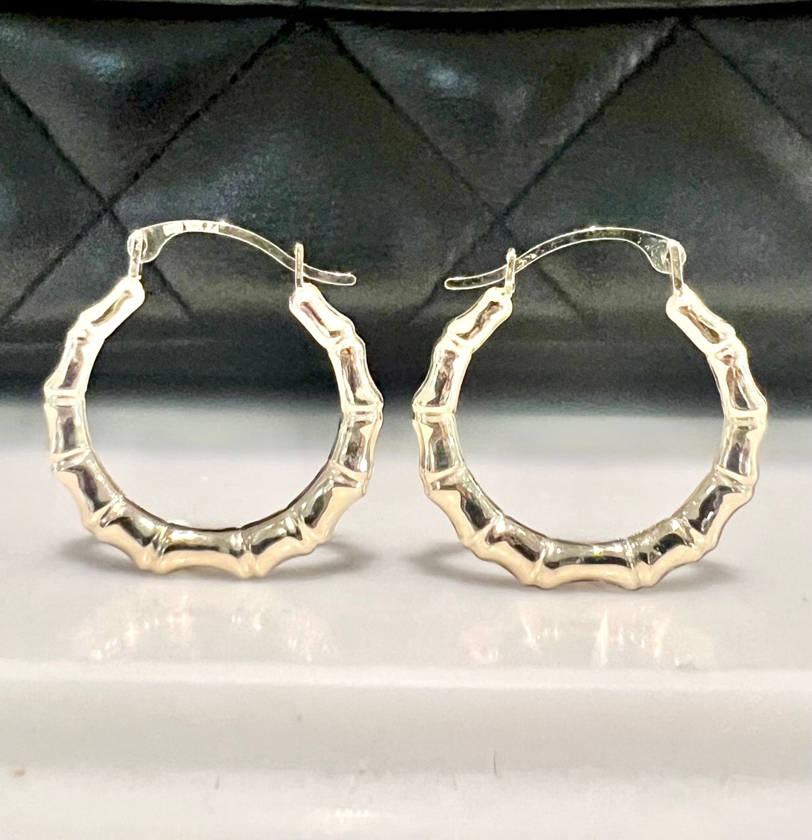 10K Gold Bamboo Hoop Earrings 10K Real Gold French Style Lock - Etsy