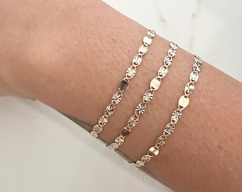 10K Real Yellow Gold Valentino Link 7" Bracelet-Dainty Lite DiamondCut Thin 2.5mm Layering Bracelet