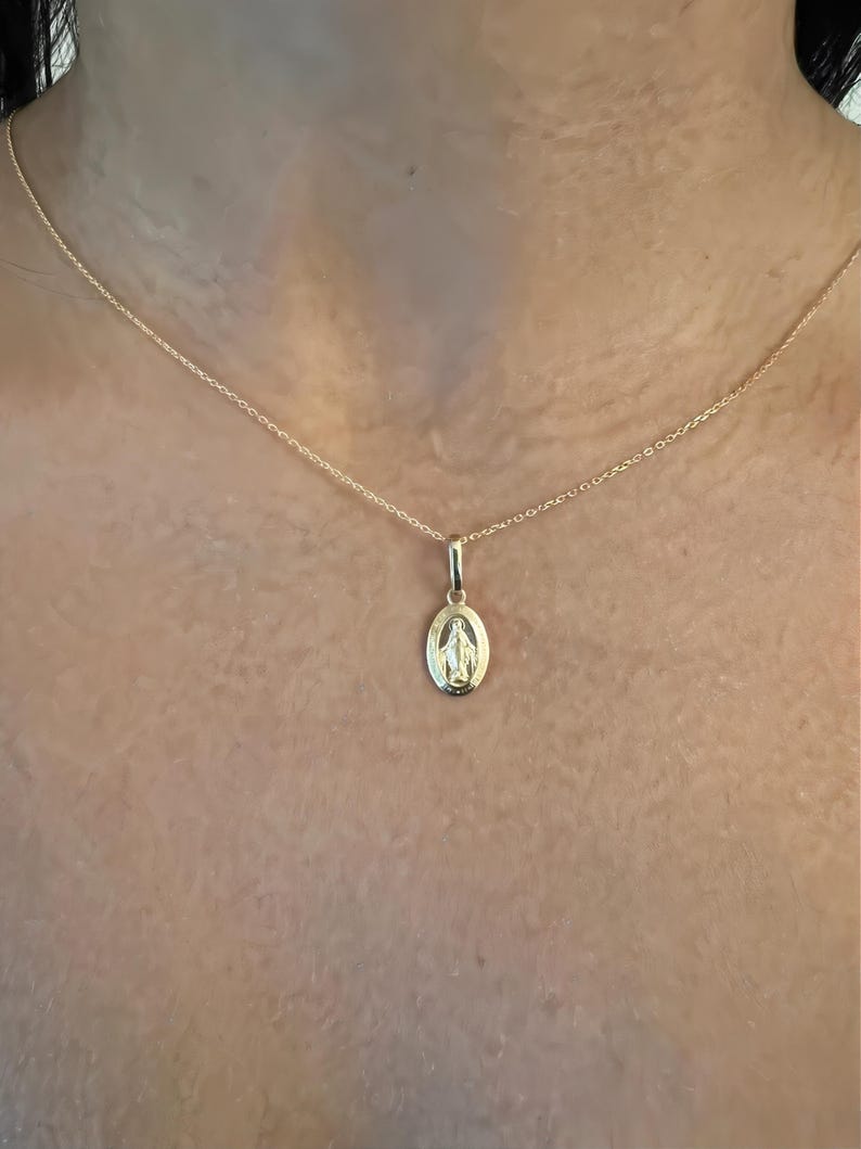 14K Real Yellow Solid Gold Virgin Mary Medal-Dainty Mini Double Sided Miraculous 3/4" Pendant image 5
