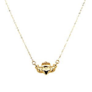 14K Solid Gold Claddagh Heart Love Necklace - 14K Real Yellow Gold Celtic Heart Dainty Necklace - Delicate Mini Claddagh 17&quot; Dainty Necklace