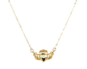 14K Solid Gold Claddagh Heart Love Necklace - 14K Real Yellow Gold Celtic Heart Dainty Necklace - Delicate Mini Claddagh 17&quot; Dainty Necklace