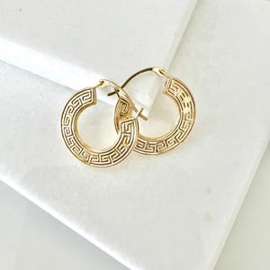 10K Gold Greek Key Round Hoop Earrings - Real 10K Yellow Gold Greek Hoops - Greek Key Design Hoops - Lite Small 19mm Round Greek Key Hoops