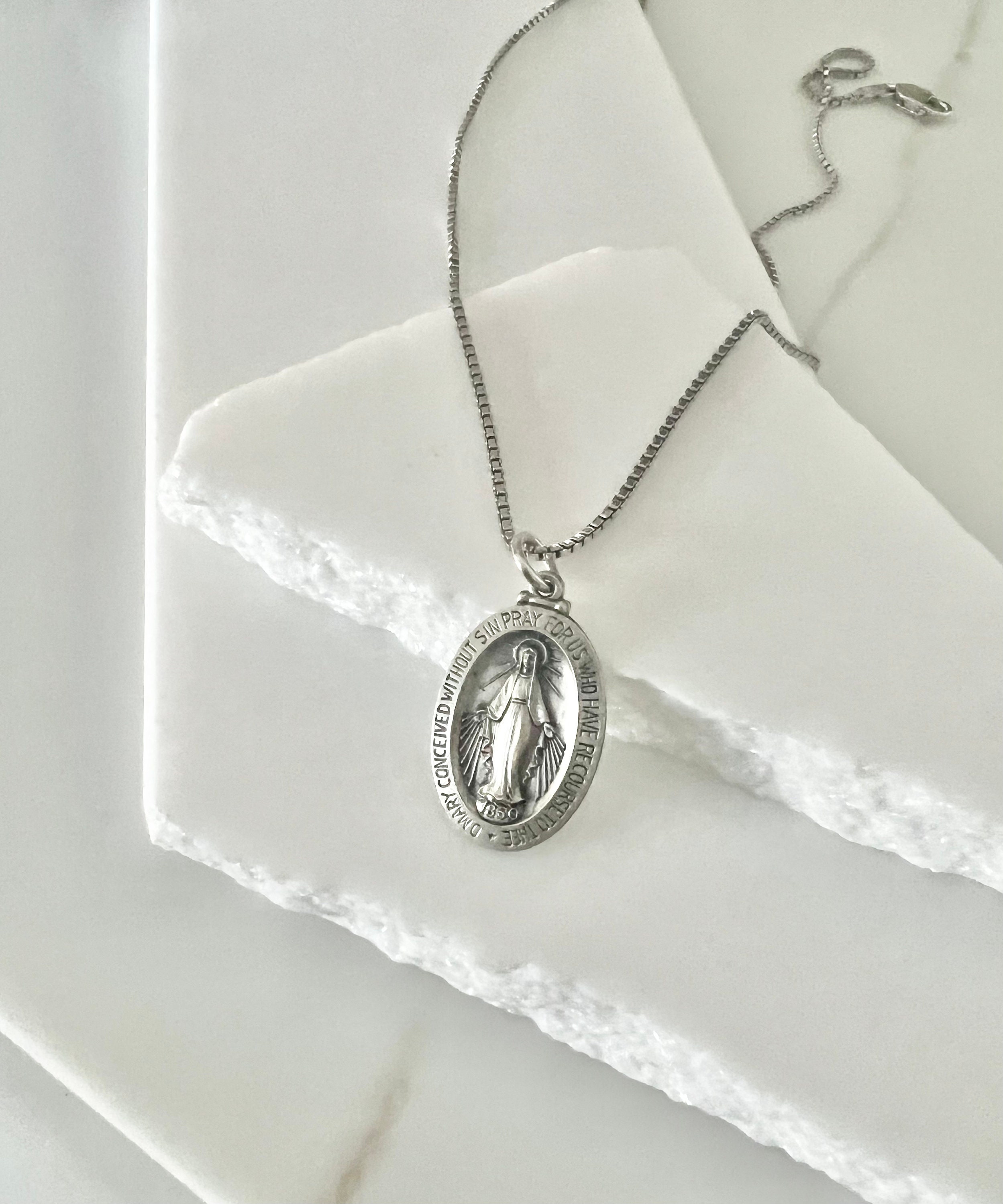 Sterling Silver Miraculous Mary Pendant | Antiqued Virgin Mary 28mm Oval Pendant | Optional Sterling Silver 1.3mm Box Chain Necklace