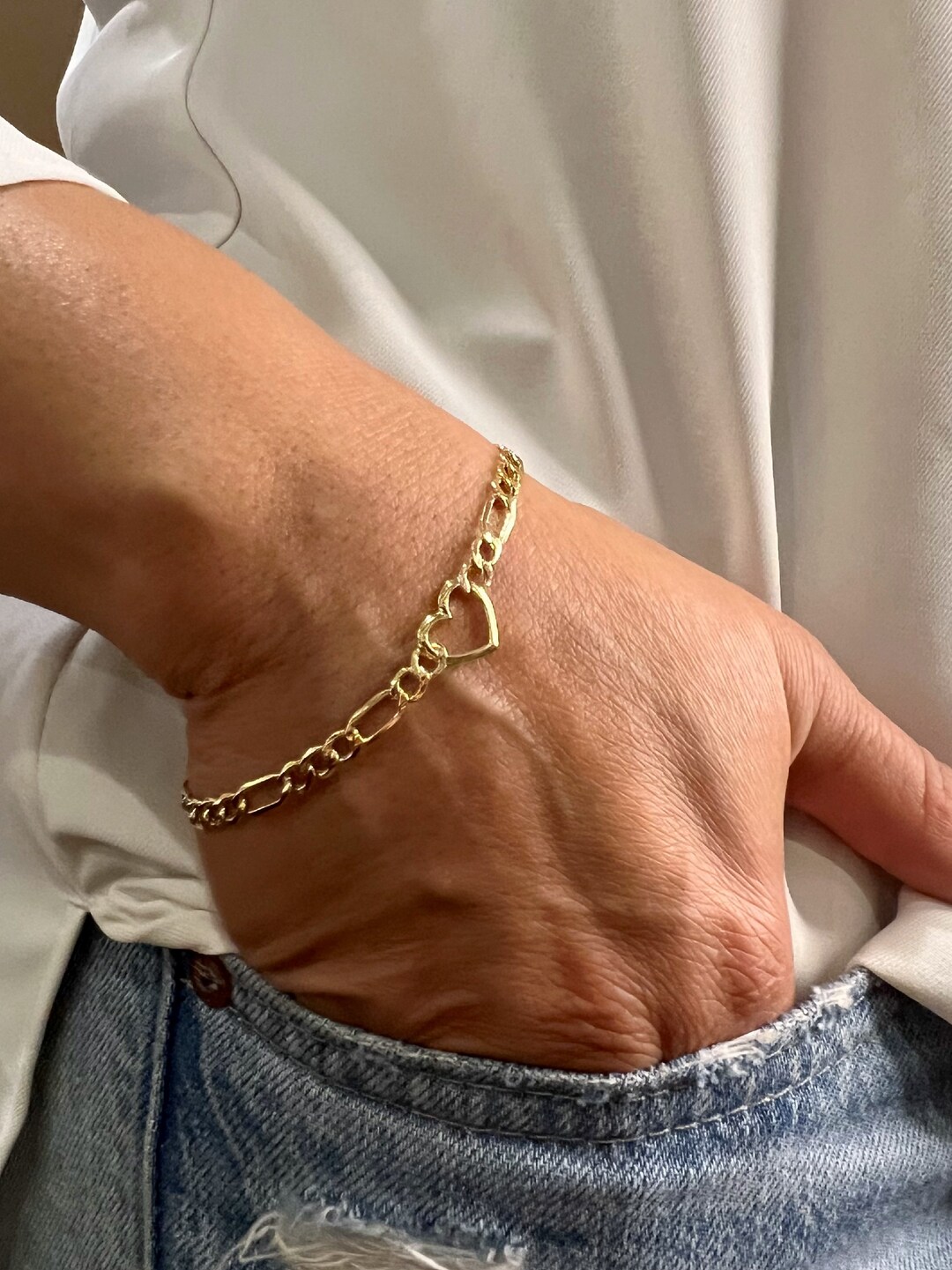 Bevilles 19cm Heart Charm Figaro I.D. Bracelet in 9kt Yellow Gold main image 1