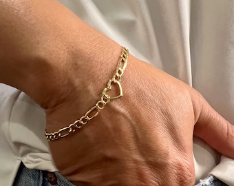 10K Real Yellow Gold Heart Figaro Dainty Lite 7" Bracelet * 18" Necklace Gift