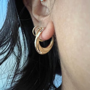 14K Yellow Gold Twist Hoop Earrings, Real 14K Gold Oval Swirl Hoop Earrings Gift, 14K Gold Lightweight Dainty 3/4&quot; Swirl Earrings For Women