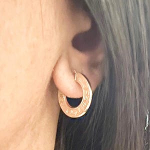 10K Gold Greek Key Round Hoop Earrings - Real 10K Yellow Gold Greek Hoops - Greek Key Design Hoops -Small 3/4&quot; Round Greek Key Hoop Earrings