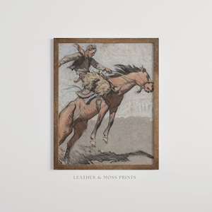 Vintage Cowboy Print | Western Home Decor | Antique Pastel Drawing | Horse Wall Art | Bucking Bronco | Printable Artwork | Instant Download