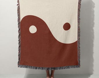 Rote Yin Yang Webdecke | 100% Baumwolle | Wandteppich, minimalistischer Boho-Überwurf für ein gemütliches Zuhause, Zen-Dekor