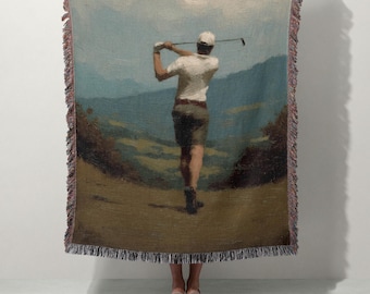 Golf Swing Kunst gewebte Decke | Golf-Liebhaber-Geschenk | Malerische Landschaft | Man Höhle Wandteppich | 100% Baumwolle | Golfer Dekor
