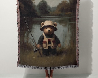 Angeln Teddy gewebte Decke | Kinderzimmer Bär Dekor | Kinderzimmer Überwurf | 100% Baumwolle | Niedliches Woodland Geschenk