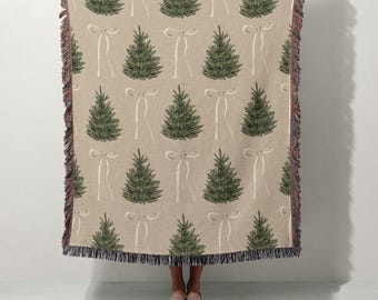 Weihnachtsbäume & Bögen Muster | Urlaub gewebte Decke Wandteppich | Gemütliches neutrales Weihnachtsdekor | 100% Baumwolle Tapisserie werfen, Geschenk
