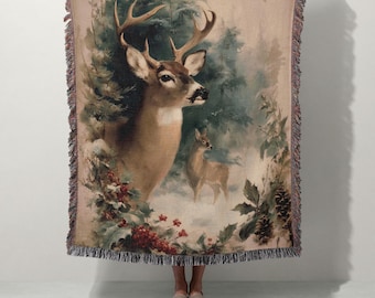 Winter Hirschwald Webdecke | Urlaub Wildtiere werfen | 100% Baumwolle | Rustikaler Wandteppich, Cabochon-Weihnachtsdekor