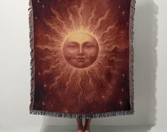 Himmlische Sonne Gesicht gewebte Decke | 100% Baumwolle | Kosmische Boho Astrologie Dekor | Mystische Sun Art Tapisserie werfen, Boho Zuhause, Geschenk
