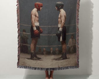 Vintage Boxen Malerei Gewebte Decke & Wandteppich | 100% Baumwolle | Boxer Geschenk | Kampf, Gym, MMA Art Decor, Manneshöhle, Geschenk für Ihn