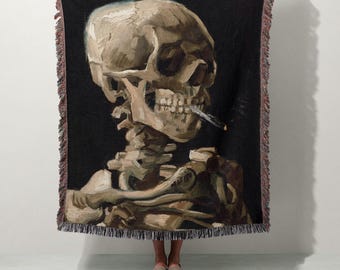 Van Gogh Skelett gewebte Decke | 100% Baumwolle | Klassischer Überwurf | Gothic Decor, Kunstvoll, Eklektisch, Vintage, Wandteppich, Malerei