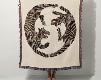 Vintage Japanischer Tiger Holzschnitt Gewebte Decke | 100% Baumwolle | Kunst Wandteppich, Überwurf, Home Decor