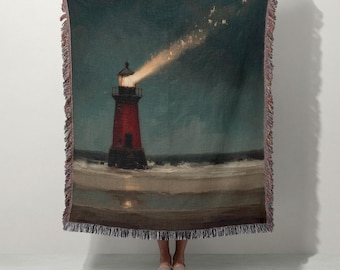 Leuchtturm Webdecke | Stimmungsvoller Küstennauthwurf | 100% Baumwolle | Ozean Seaside Wohnkultur