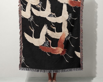 Japanischer Kranich Flug gewebte Decke | 100% Baumwolle | Vintage Wandteppich | Asiatischer Kunstüberwurf | Kunstvolles Wohndekor