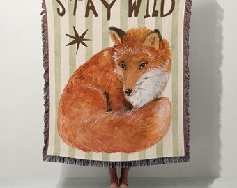 Bleib Wild Fuchs gewebte Decke | Gemütliche Kinderzimmer Überwurf | 100% Baumwolle | Natur Dekor | Cottagecore Waldtier Wandbehang