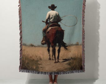 Cowboy Rider gewebte Decke | 100% Baumwolle | Western Kunstüberwurf | Rustikales Cowboy Pferd | Wohnkultur | Geschenk für Pferdeliebhaber | Rustikale Decke