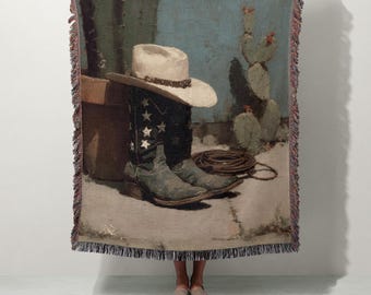 Western Cowboy Boots & Hut gewebte Decke | Rustikale Wüsten Western Dekoration | 100% Baumwolle Southwestern werfen