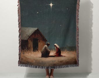 Krippe Webdecke | 100% Baumwolle | Mary Joseph & Baby Jesus Überwurf | Heilige Nacht Weihnachtsdekor | Religiöse Malerei | Christlicher Feiertag