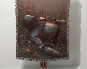 Ruhender Ritter in Wildblumen Gewebte Decke | Fantasy Mittelalterlicher Kunstüberwurf | 100% Baumwolle Cottagecore Dekor