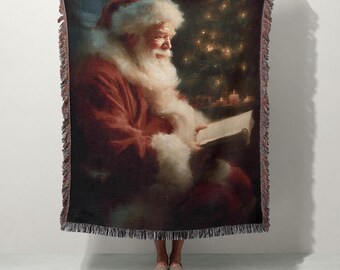 Weihnachtsmann Lesung gewebte Decke | Klassischer Weihnachtskunst-Tapisserie-Überwurf | Vintage Urlaub Dekor | 100% Baumwolle | Weihnachtlich, Winterlich, Nostalgisch