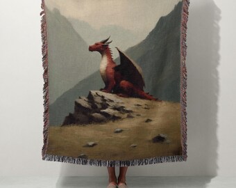 Rote Drachen gewebte Decke | 100% Baumwolle | Skurril Fantasy Kinderzimmer Überwurf | Magisches Geschöpf Geschenk | Kinderzimmer Wandteppich