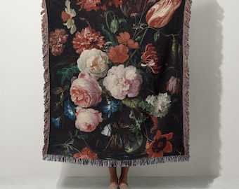 Floral Stillleben Wandteppich Decke | 100% Baumwolle | Vintage Blumen Kunstüberwurf | Barock Blumenstrauß Dekor | Elegantes Geschenk