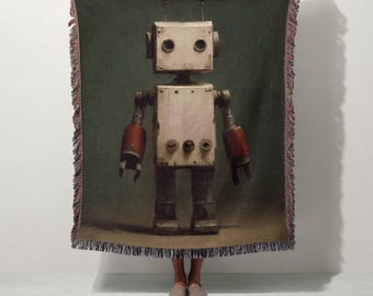 Freundliche Roboter gewebte Decke | Wandteppich | 100% Baumwolle | Skurril Kinderzimmer Dekor | Retro Roboter Kinderzimmer Überwurf | Nettes Geschenk für Jungen & Mädchen