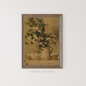 Vintage Still Life Oil Painting | Vase of Flowers & Lemons | Moody Antique Farmhouse Wall Art | Printable Digital Download Artwork