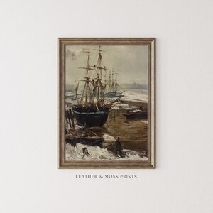 Vintage Boat Painting | Antique Ship Scenery Wall Art | Moody Coastal Print | Printable Marine Artwork | Impressionism | Digital Download