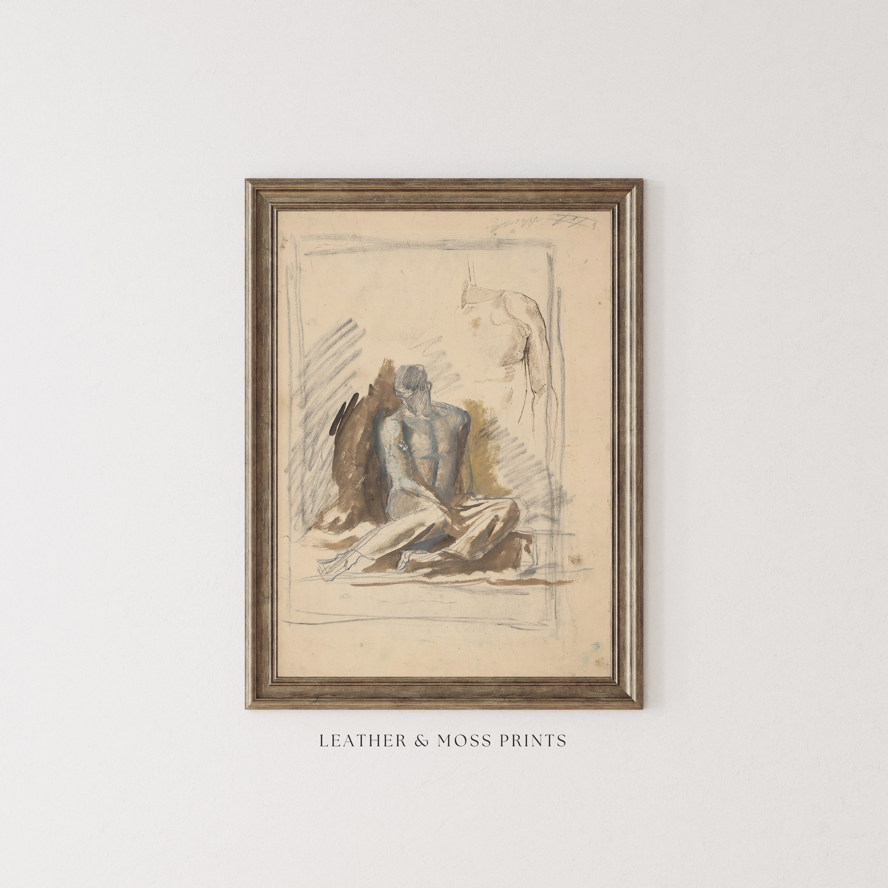 Vintage Nude Male Figure Sketch Antique Drawing Neutral Tones