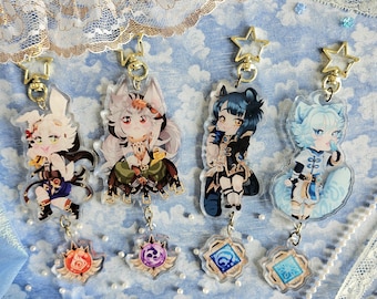 Może przedstawiać: Cztery kolorowe charms z postaciami anime z wiszącymi charmsami. Charms przedstawiają białego królika, białego wilka, czarnego wilka i niebieskiego wilka. Każdy charm ma inny kolor wiszącego charmsa.