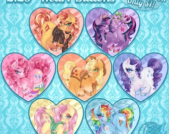 May include: A collection of seven heart-shaped buttons, each featuring a colorful illustration of a pony character. The buttons are 2.25 inches in diameter and have a glitter add-on option. The background is a light blue pattern.