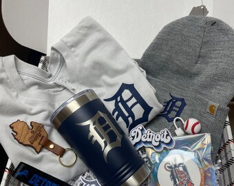 Gifts from Detroit- Michigan Gift Box featuring old english D t-shirt, Carhartt beanie hat, and 20 oz stainless steel tumbler