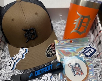 Gifts from Detroit - Michigan Gift Box featuring 20 oz tumbler, old Detroit style D brimmed hat, and car freshener