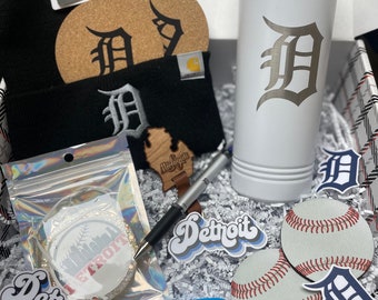 Gifts from Detroit - Michigan Gift Box featuring 22 oz tumbler, Carhartt beanie hat, and car freshener