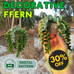 May include: A digital pattern for crocheting a hanging decorative fern plant. The plant is green and brown and is in a brown pot. The pattern is available as a PDF download. The image also includes the text "Decorative Fern" and "30% Off".
