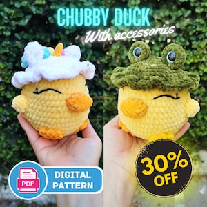 Chubby Duckling with hat accessories - Digital Crochet Pattern in Velvet Yarn - Beginner friendly pattern